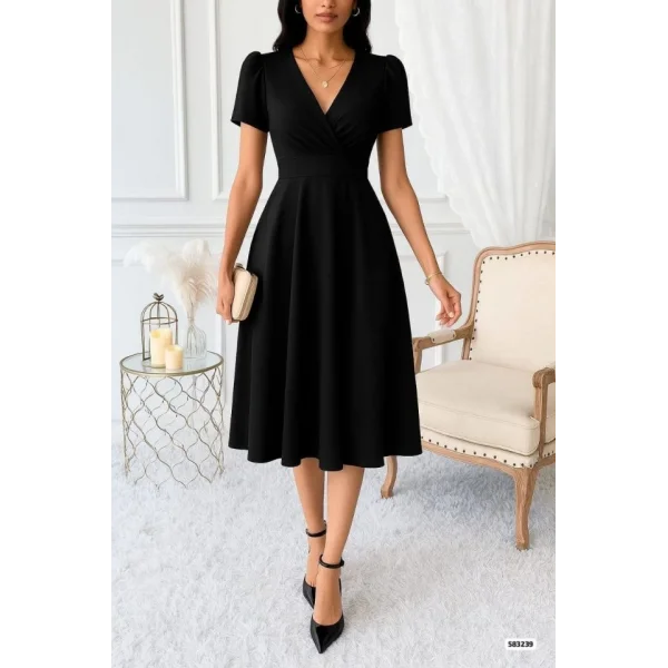 Kadın Kruvaze Yaka Kısa Kollu Midi Boy Krep Kumaş Elbise