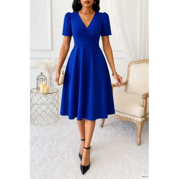 Kadın Kruvaze Yaka Kısa Kollu Midi Boy Krep Kumaş Elbise