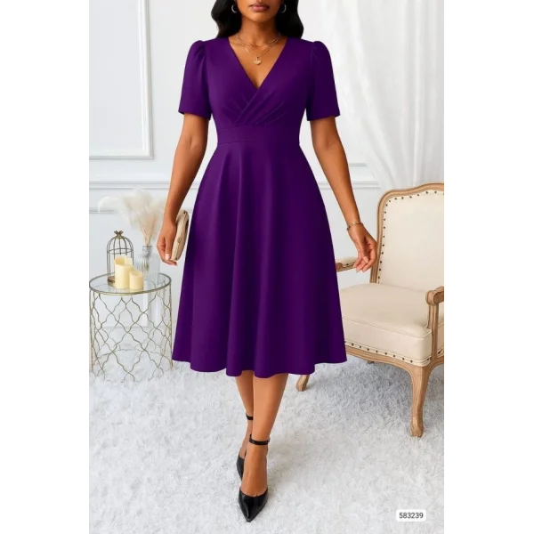 Kadın Kruvaze Yaka Kısa Kollu Midi Boy Krep Kumaş Elbise