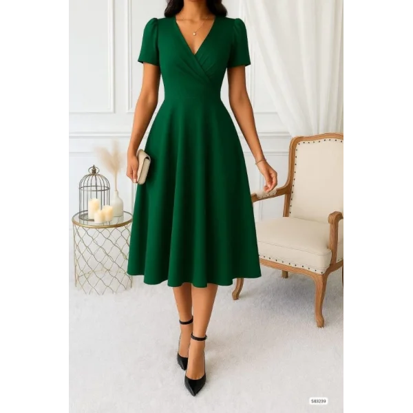 Kadın Kruvaze Yaka Kısa Kollu Midi Boy Krep Kumaş Elbise