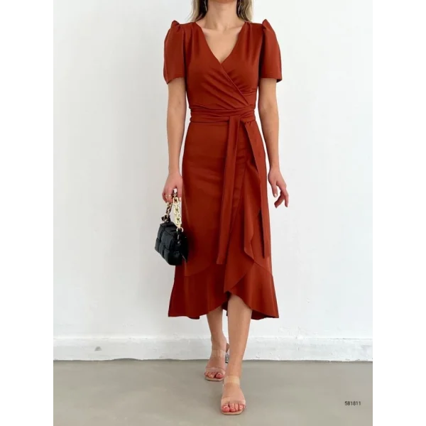 Kadın Kruvaze Yaka Midi Boy Kuşaklı Krep Elbise 120 Cm