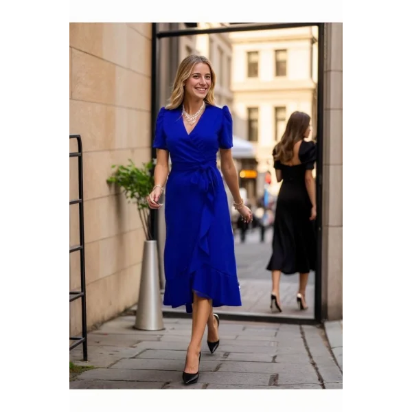 Kadın Kruvaze Yaka Midi Boy Kuşaklı Krep Elbise 120 Cm