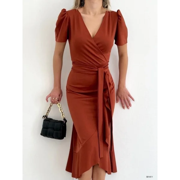 Kadın Kruvaze Yaka Midi Boy Kuşaklı Krep Elbise 120 Cm