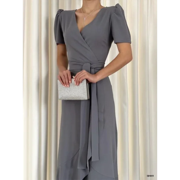 Kadın Kruvaze Yaka Midi Boy Kuşaklı Krep Elbise 120 Cm