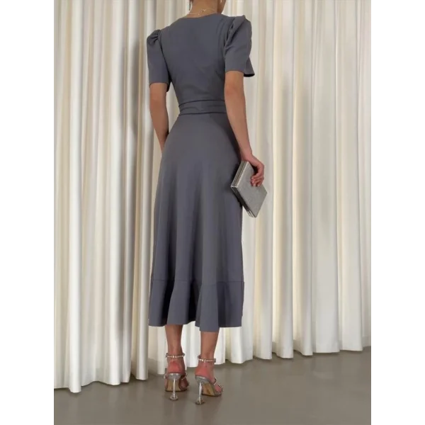 Kadın Kruvaze Yaka Midi Boy Kuşaklı Krep Elbise 120 Cm