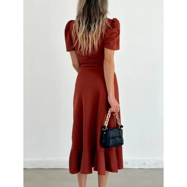 Kadın Kruvaze Yaka Midi Boy Kuşaklı Krep Elbise 120 Cm