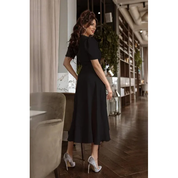 Kadın Kruvaze Yaka Midi Boy Kuşaklı Krep Elbise 120 Cm