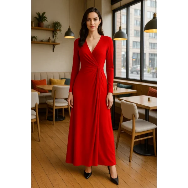 Kadın Kruvaze Yaka Toka Detay Maxi Boy Elbise