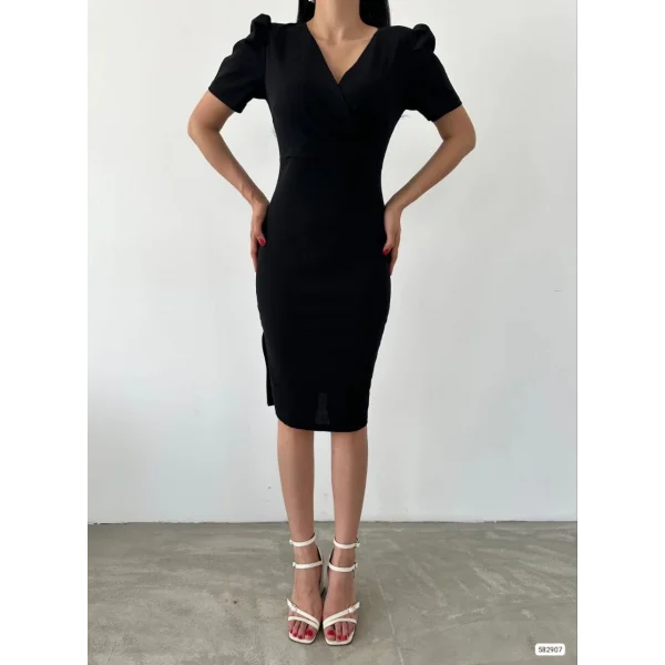 Kadın Kruvaze Yaka Yandan Yırtmaç Detaylı cuba Krep Kumaş idi Boy Elbise