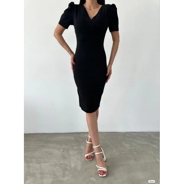 Kadın Kruvaze Yaka Yandan Yırtmaç Detaylı cuba Krep Kumaş idi Boy Elbise