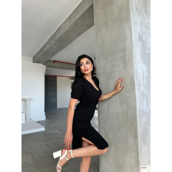 Kadın Kruvaze Yaka Yandan Yırtmaç Detaylı cuba Krep Kumaş idi Boy Elbise