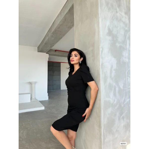 Kadın Kruvaze Yaka Yandan Yırtmaç Detaylı cuba Krep Kumaş idi Boy Elbise