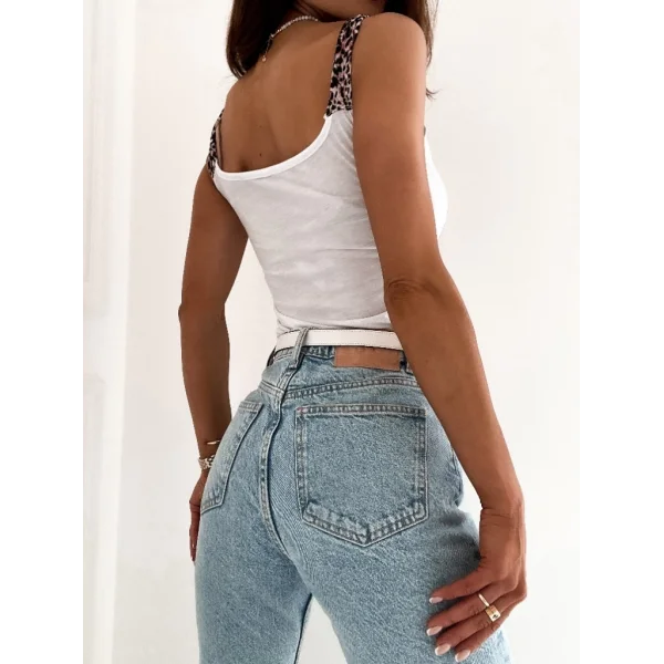 Kadın Leopar Askılı Leopar Baskılı Mikro Kumaş Bluz