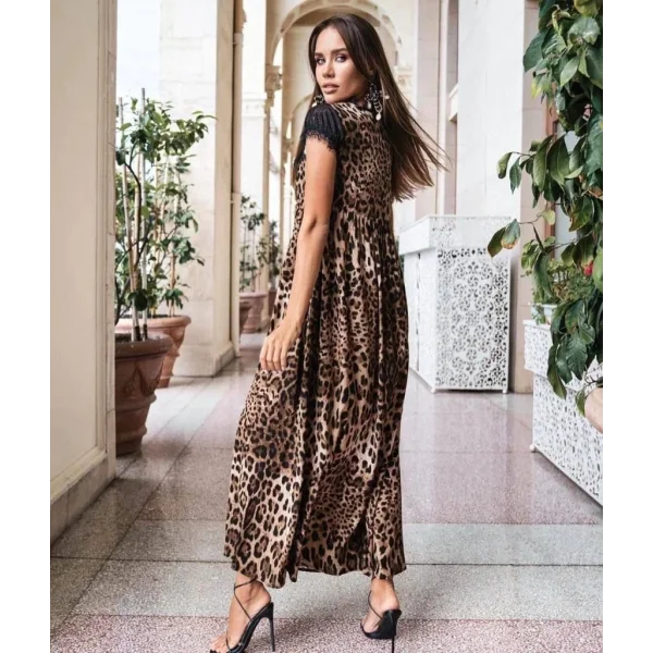 Kadın Leopar Desenli Dantelli Jesica Kumaş axi Boy Elbise