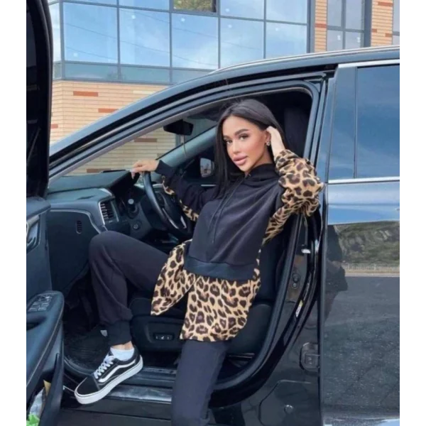 Kadın Leopar Ve Gömlek Detay Sweat Ve Pantolon Kili Takım