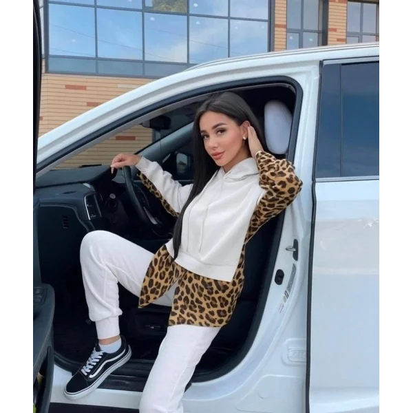 Kadın Leopar Ve Gömlek Detay Sweat Ve Pantolon Kili Takım
