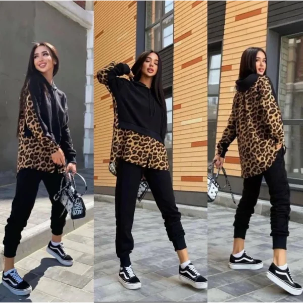 Kadın Leopar Ve Gömlek Detay Sweat Ve Pantolon Kili Takım