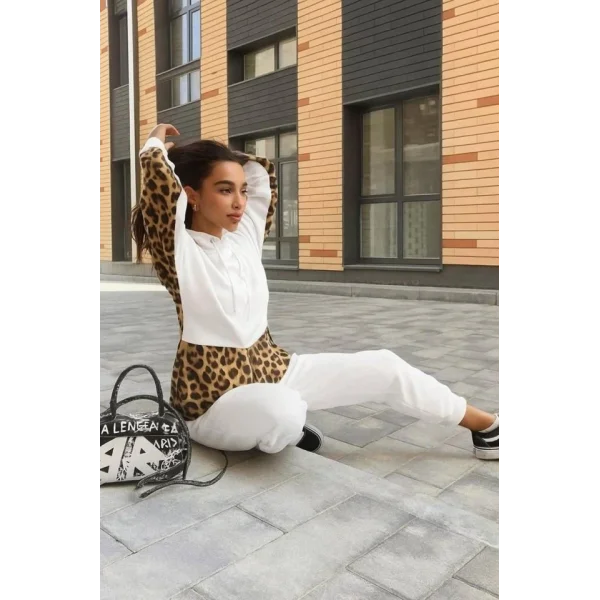 Kadın Leopar Ve Gömlek Detay Sweat Ve Pantolon Kili Takım