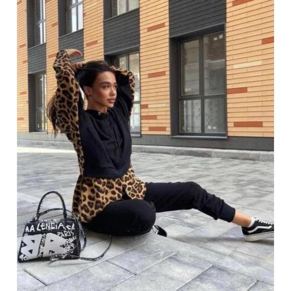 Kadın Leopar Ve Gömlek Detay Sweat Ve Pantolon Kili Takım