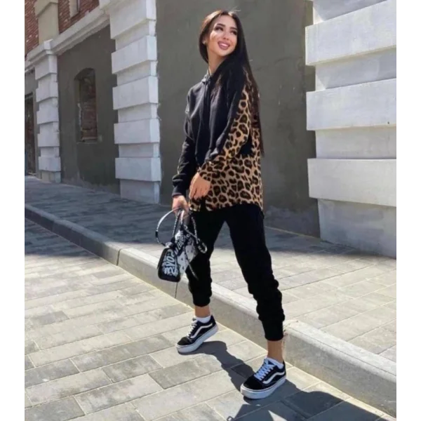 Kadın Leopar Ve Gömlek Detay Sweat Ve Pantolon Kili Takım