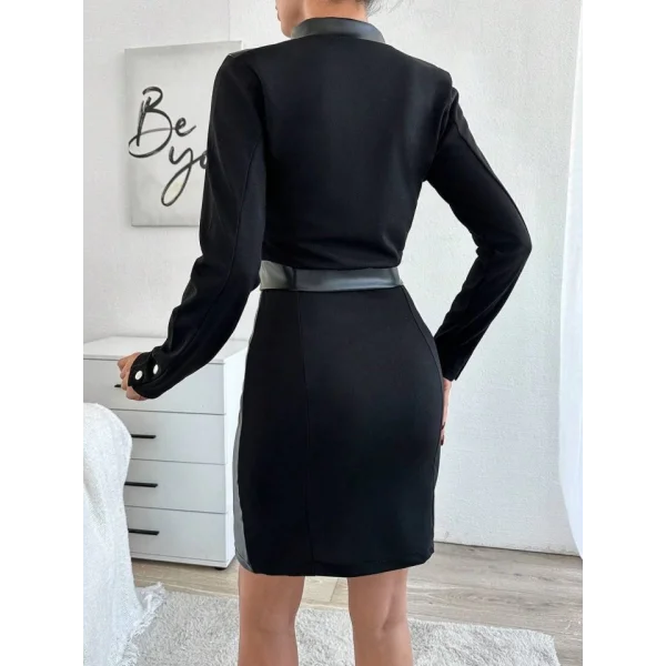 Kadın Likralı Deri Detay traplez ini Elbise Ve Boyun çıtçıtlı Deri Ceket Ikili Takım