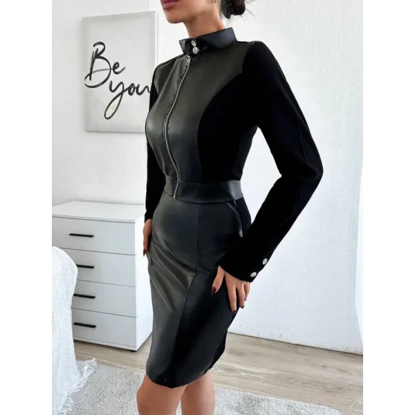 Kadın Likralı Deri Detay traplez ini Elbise Ve Boyun çıtçıtlı Deri Ceket Ikili Takım