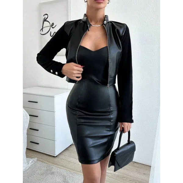 Kadın Likralı Deri Detay traplez ini Elbise Ve Boyun çıtçıtlı Deri Ceket Ikili Takım