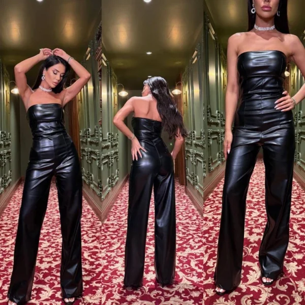 Kadın Likralı Deri Straplez Tulum