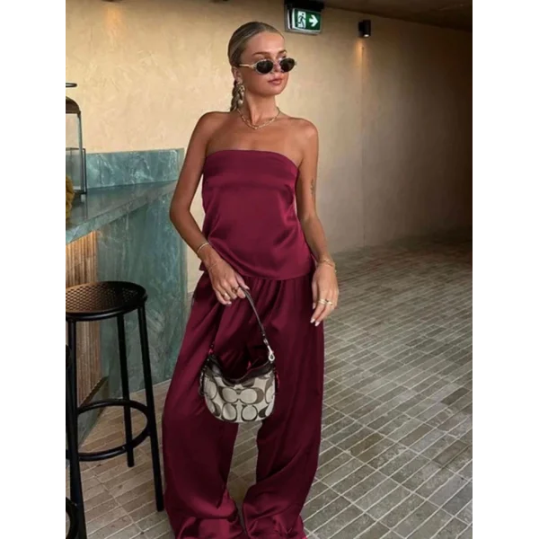 Kadın Likralı Saten Kumaş Straplez Bağlamalı Ikili Takım