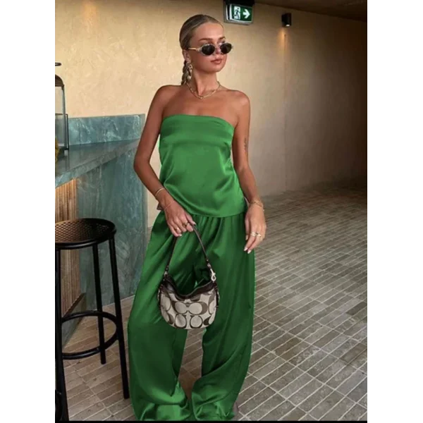 Kadın Likralı Saten Kumaş Straplez Bağlamalı Ikili Takım