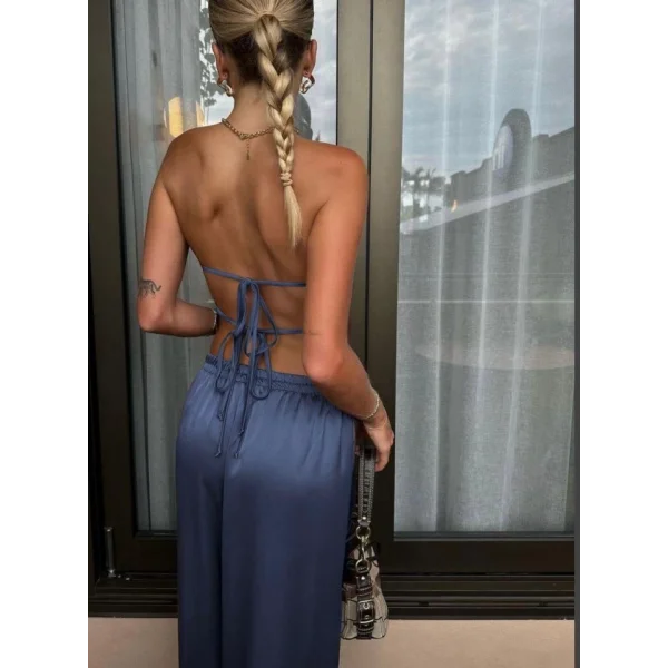 Kadın Likralı Saten Kumaş Straplez Bağlamalı Ikili Takım