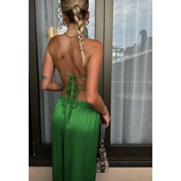 Kadın Likralı Saten Kumaş Straplez Bağlamalı Ikili Takım