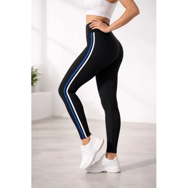 Kadın Likralı Yan Beyaz Mavi Şeritli Detaylı Tayt - Siyah