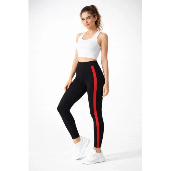 Kadın Likralı Yan Kırmızı Şeritli Detaylı Tayt - Siyah