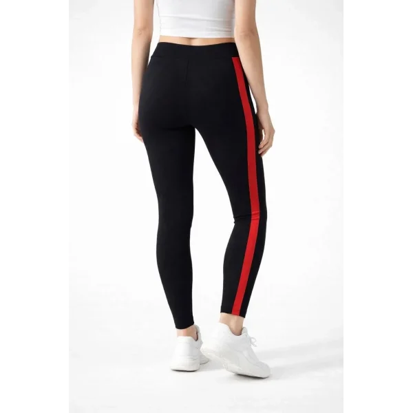 Kadın Likralı Yan Kırmızı Şeritli Detaylı Tayt - Siyah