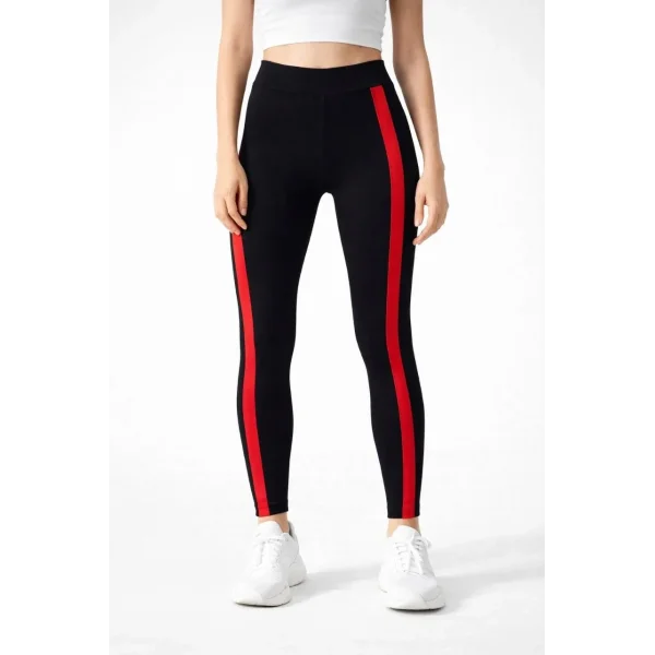 Kadın Likralı Yan Kırmızı Şeritli Detaylı Tayt - Siyah