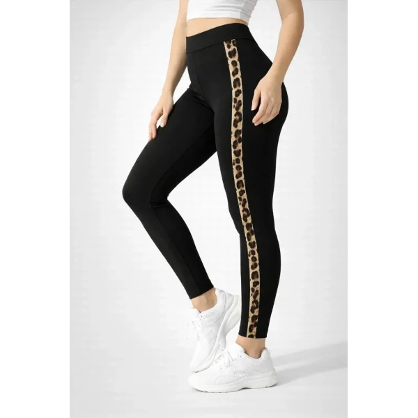 Kadın Likralı Yan Leopar Şeritli Detaylı Tayt - Siyah
