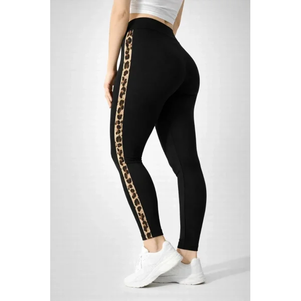 Kadın Likralı Yan Leopar Şeritli Detaylı Tayt - Siyah