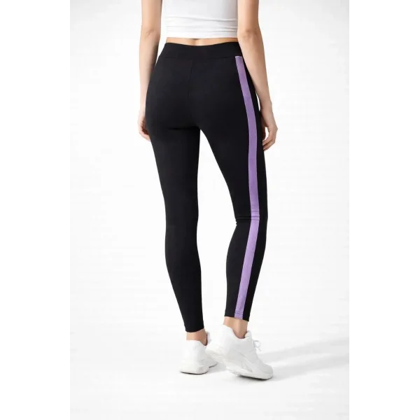 Kadın Likralı Yan Lila Şeritli Detaylı Tayt - Siyah