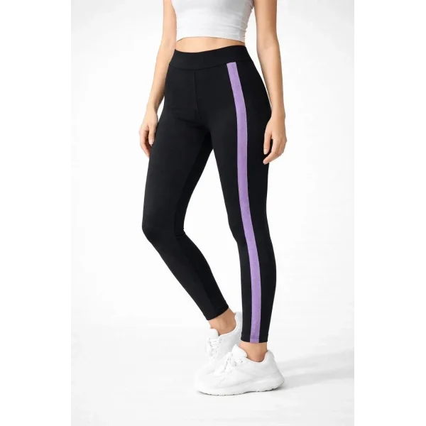 Kadın Likralı Yan Lila Şeritli Detaylı Tayt - Siyah