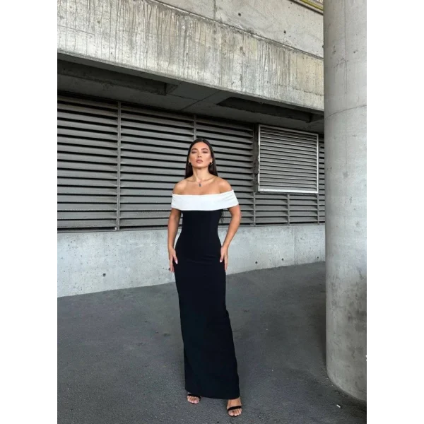 Kadın Madonna Yaka Dalgıç Krep Kumaş Kalem Elbise