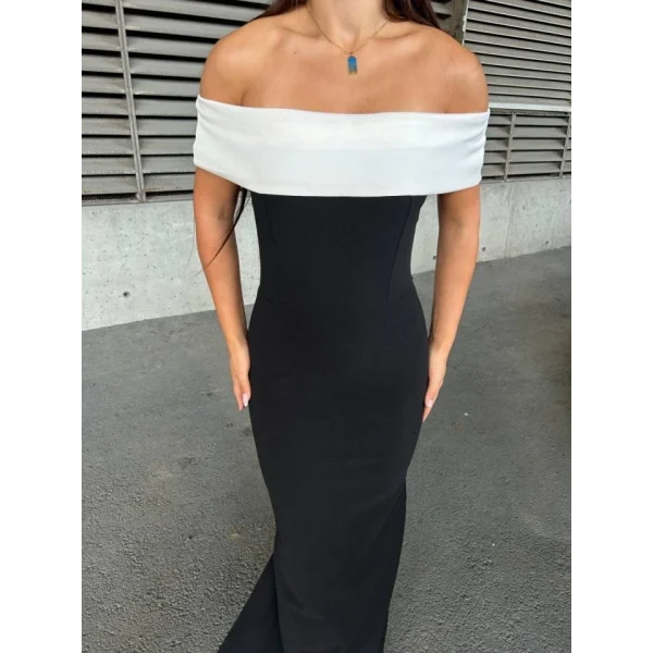 Kadın Madonna Yaka Dalgıç Krep Kumaş Kalem Elbise