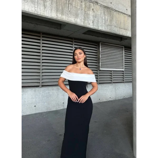 Kadın Madonna Yaka Dalgıç Krep Kumaş Kalem Elbise