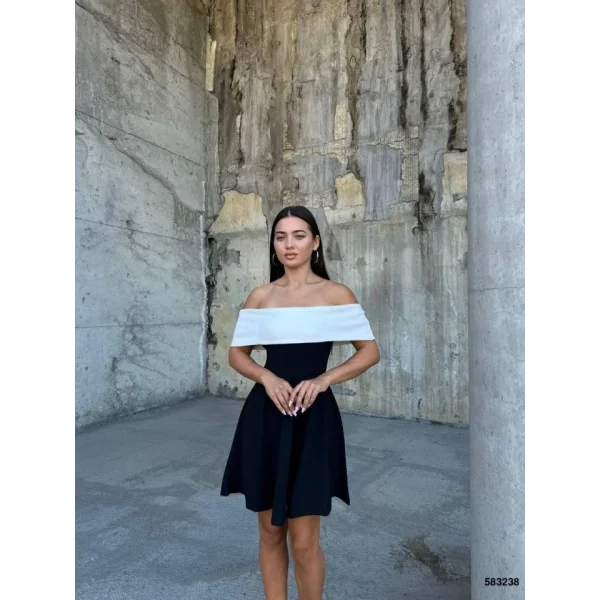 Kadın Madonna Yaka Dalgıç Krep Kumaş Siyah Mini Elbise