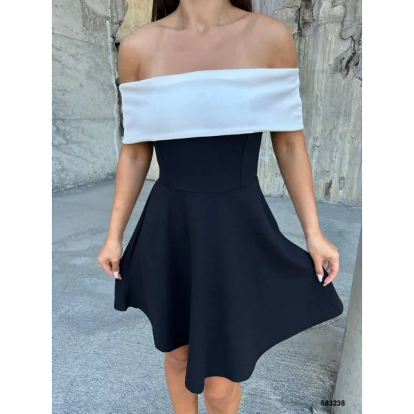 Kadın Madonna Yaka Dalgıç Krep Kumaş Siyah Mini Elbise