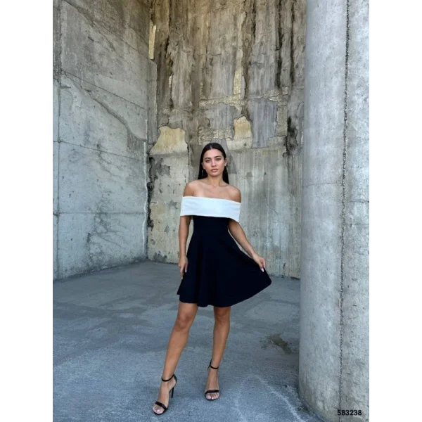 Kadın Madonna Yaka Dalgıç Krep Kumaş Siyah Mini Elbise