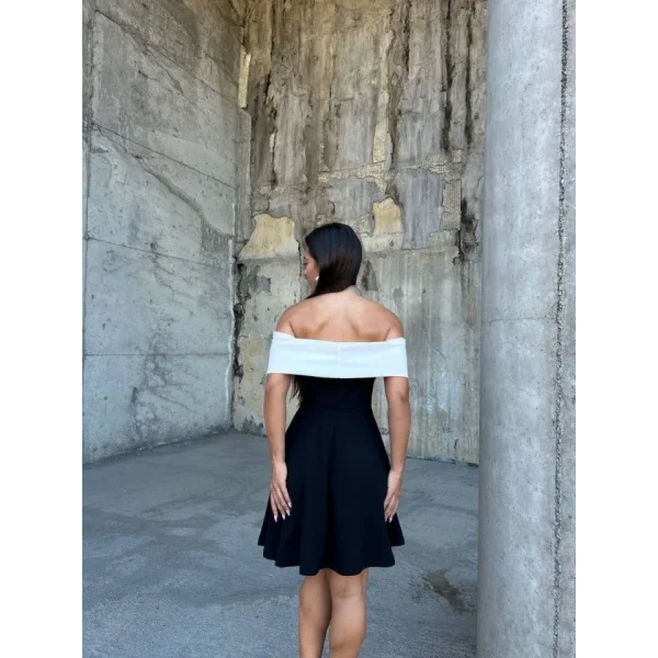 Kadın Madonna Yaka Dalgıç Krep Kumaş Siyah Mini Elbise