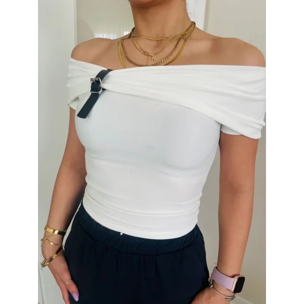 Kadın Madonna Yaka Deri Toka Detay Ottoman Kumaş Bluz