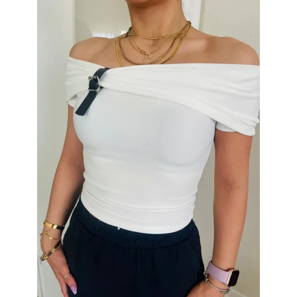 Kadın Madonna Yaka Deri Toka Detay Ottoman Kumaş Bluz