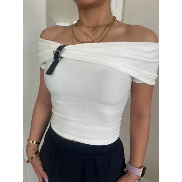 Kadın Madonna Yaka Deri Toka Detay Ottoman Kumaş Bluz